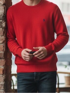 SALE Polo by Ralph Lauren Classic Red Pima Cotton Crewneck Sweater | Men’s XL